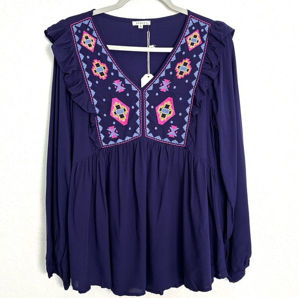 JODIFL Tops - NWT JODIFL Indigo Purple Long Sleeve Embroidered Blouse Women’s Medium Boho